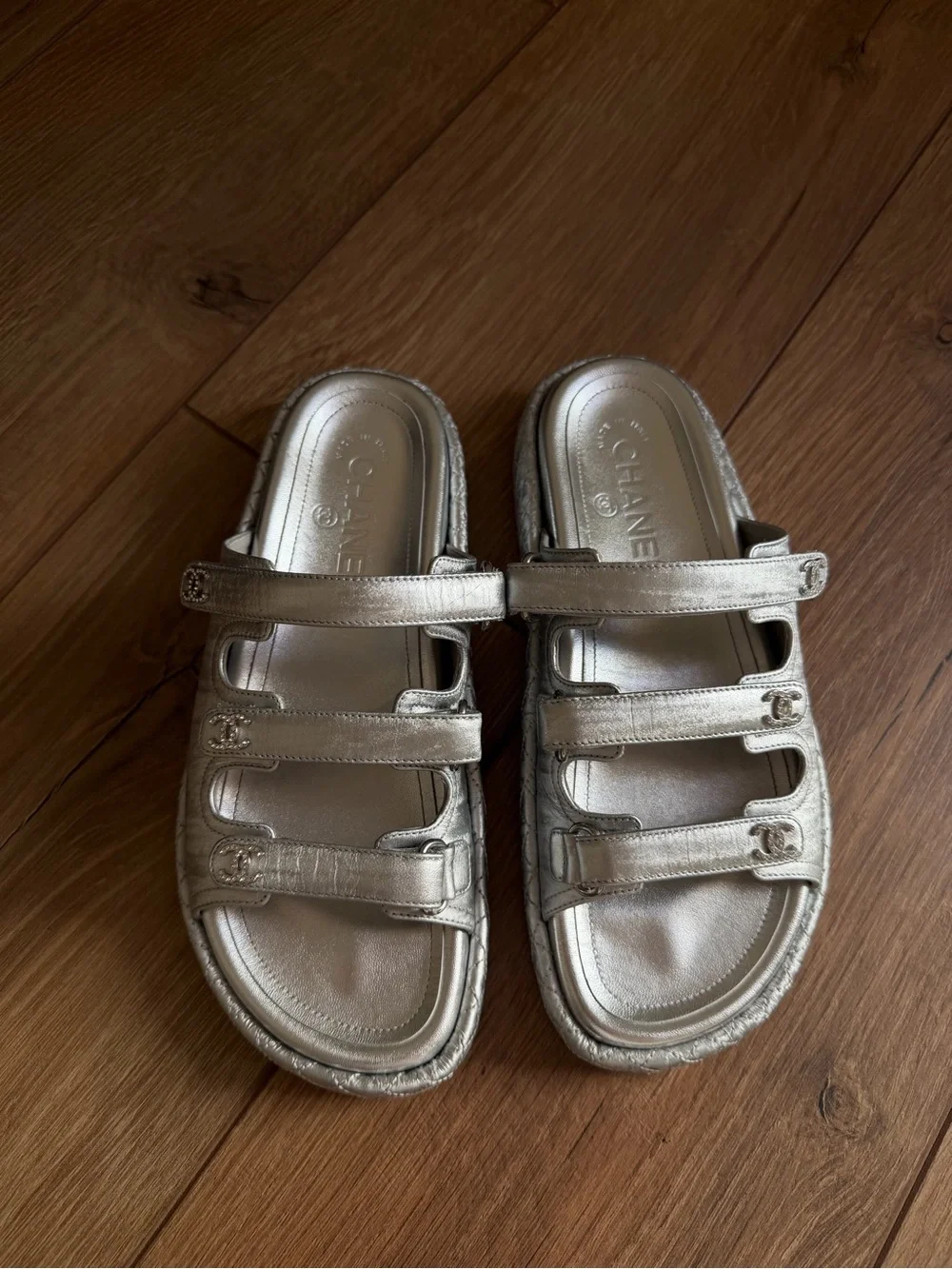 CHANEL Silver Triple-Strap Slide Sandals with CC Accents size 36